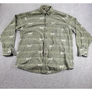 VINTAGE Woolrich Mens Button Up Shirt 2XL Green Elk Deer Moose Wildlife Print